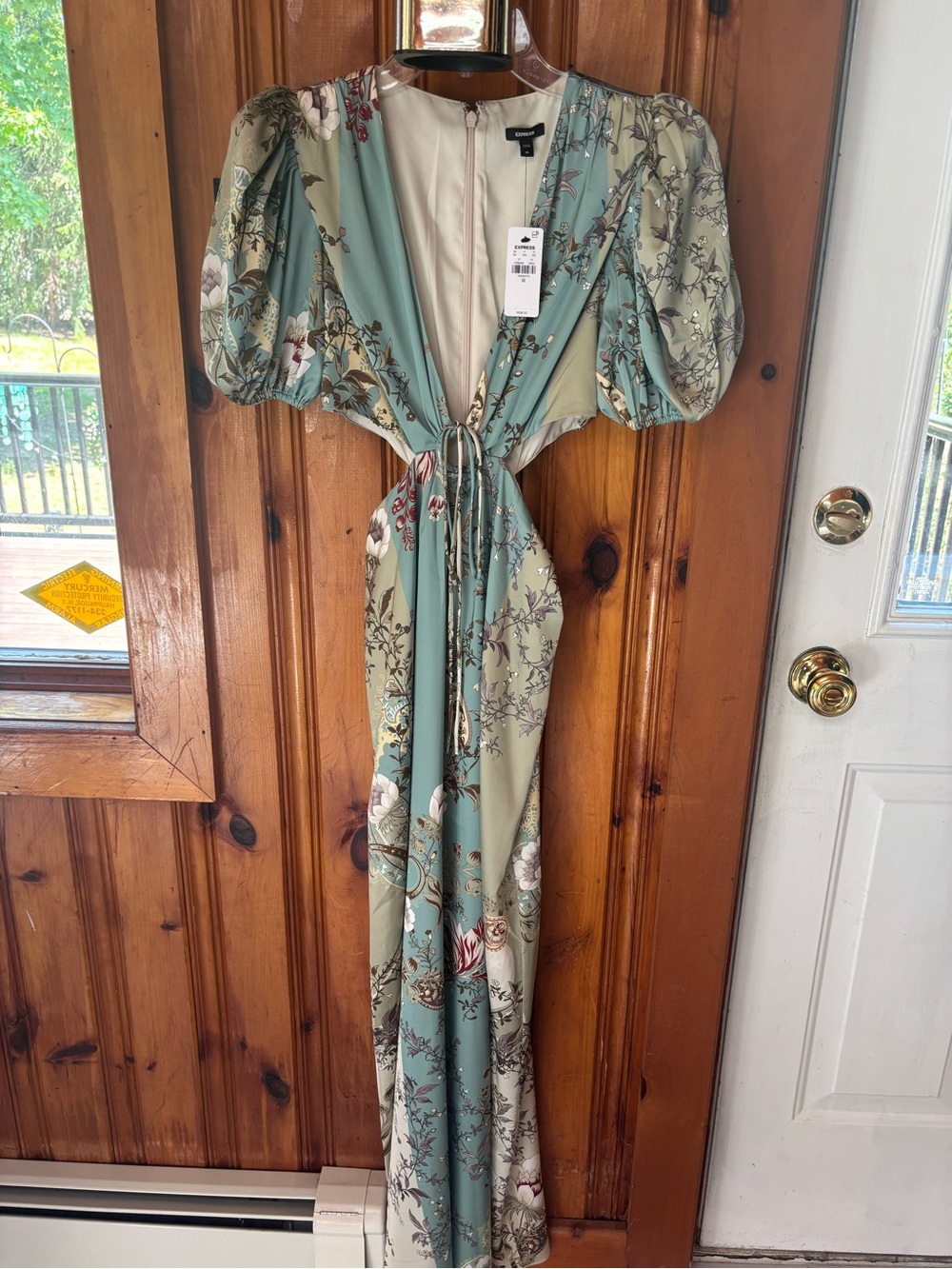 Express Sage Green Floral Maxi Dress with Puff Sleeves
